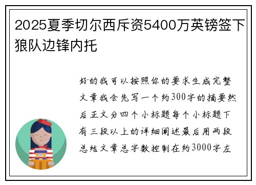 2025夏季切尔西斥资5400万英镑签下狼队边锋内托